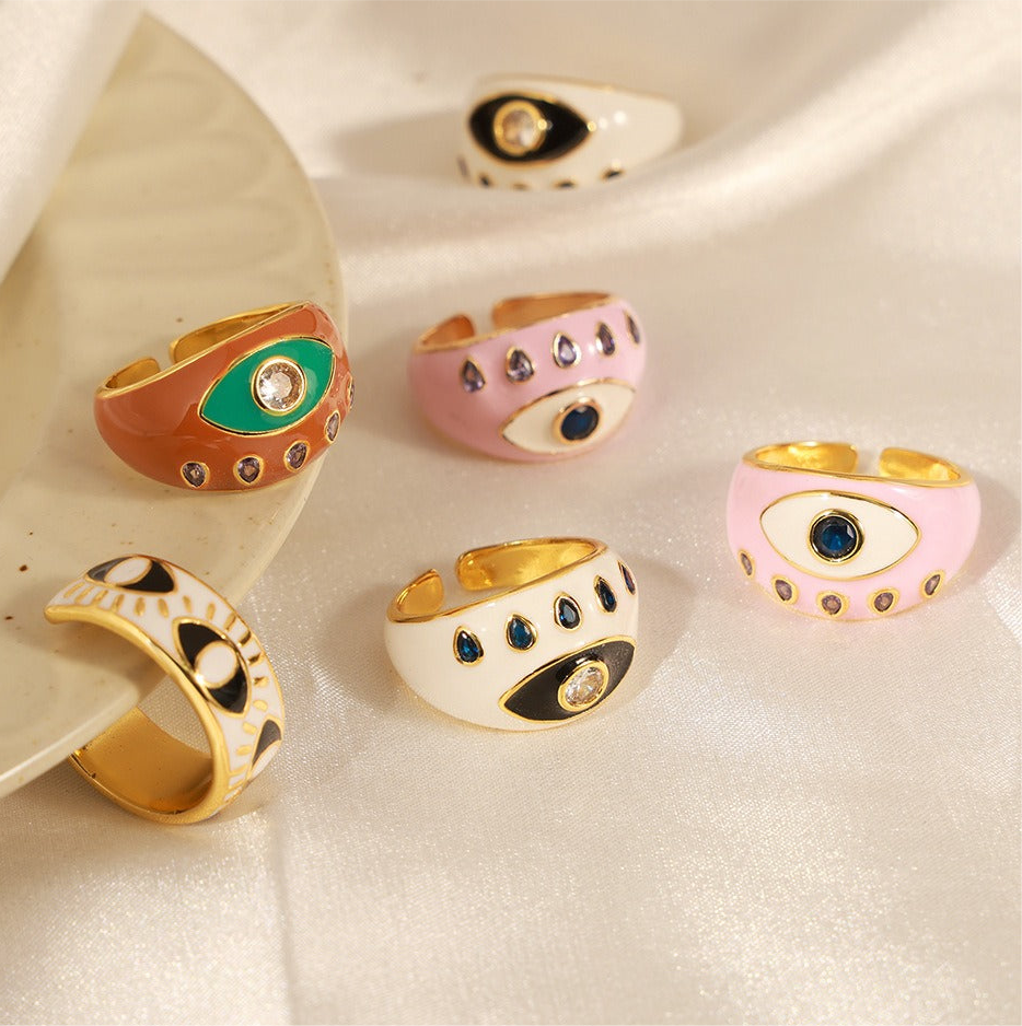 Evil Eye Retro Open Ring, 18k Gold