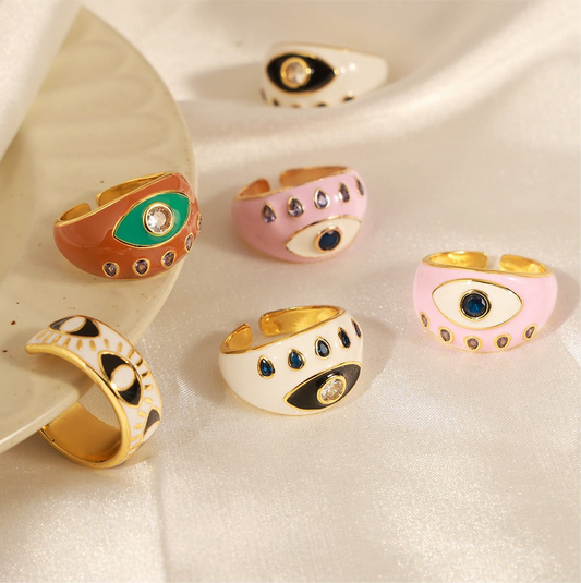 Evil Eye Retro Open Ring, 18k Gold