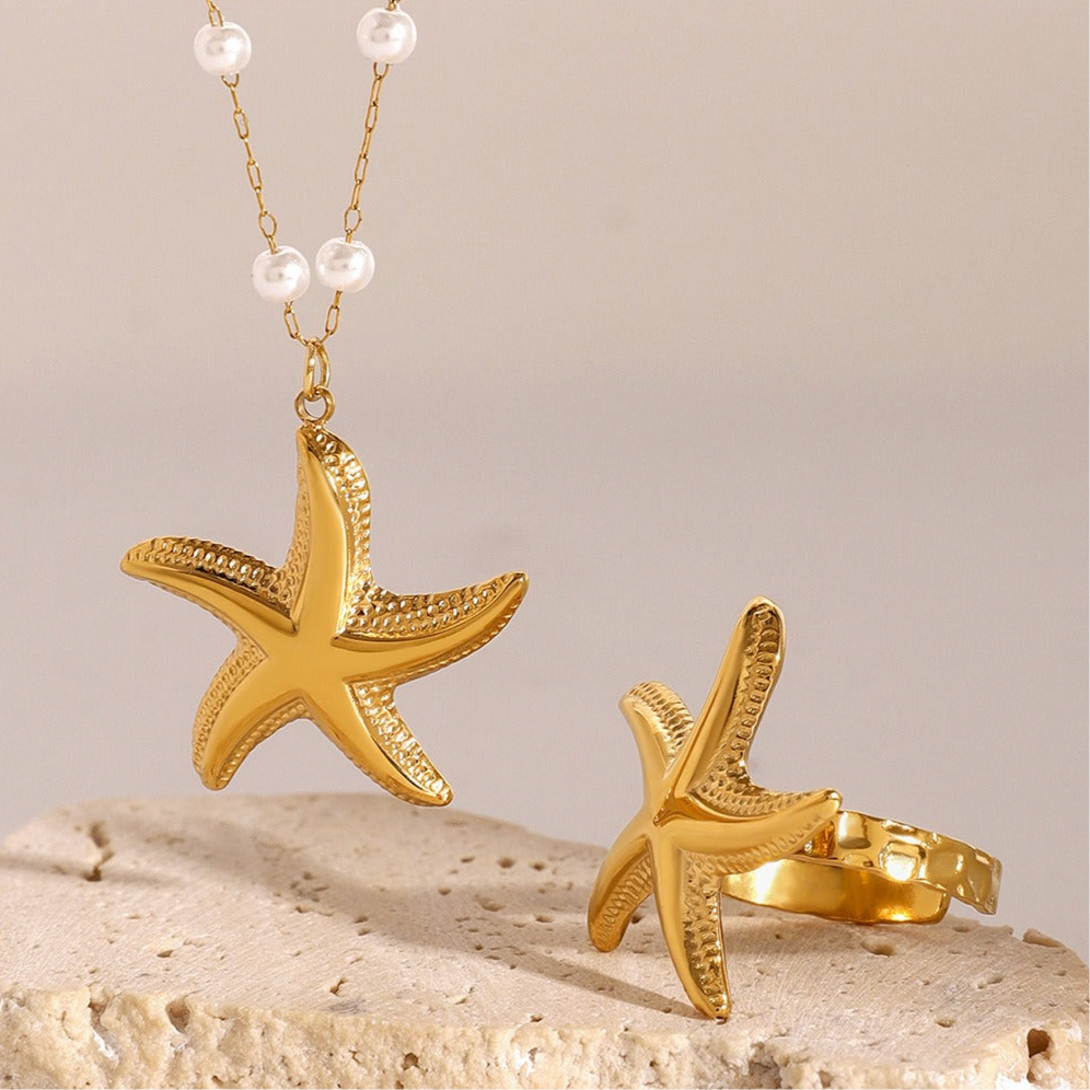 Starfish Ring & Necklace Set, 18k Gold